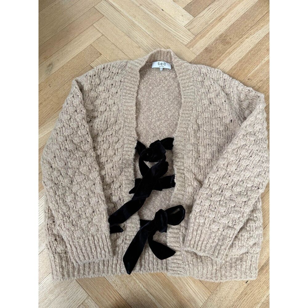 SEA New York - Camel Wool Blend Cardigan w Velvet Ties - Small